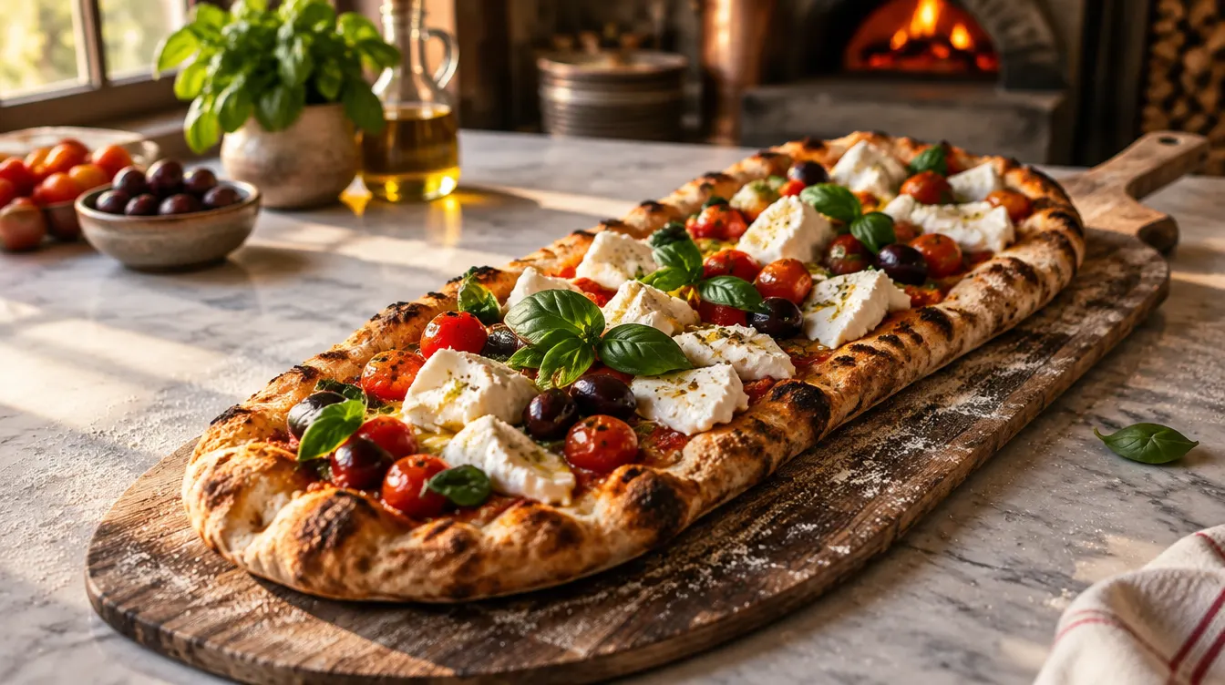 Roman-style pala pizza with burrata and kalamata olives on a wooden peel
