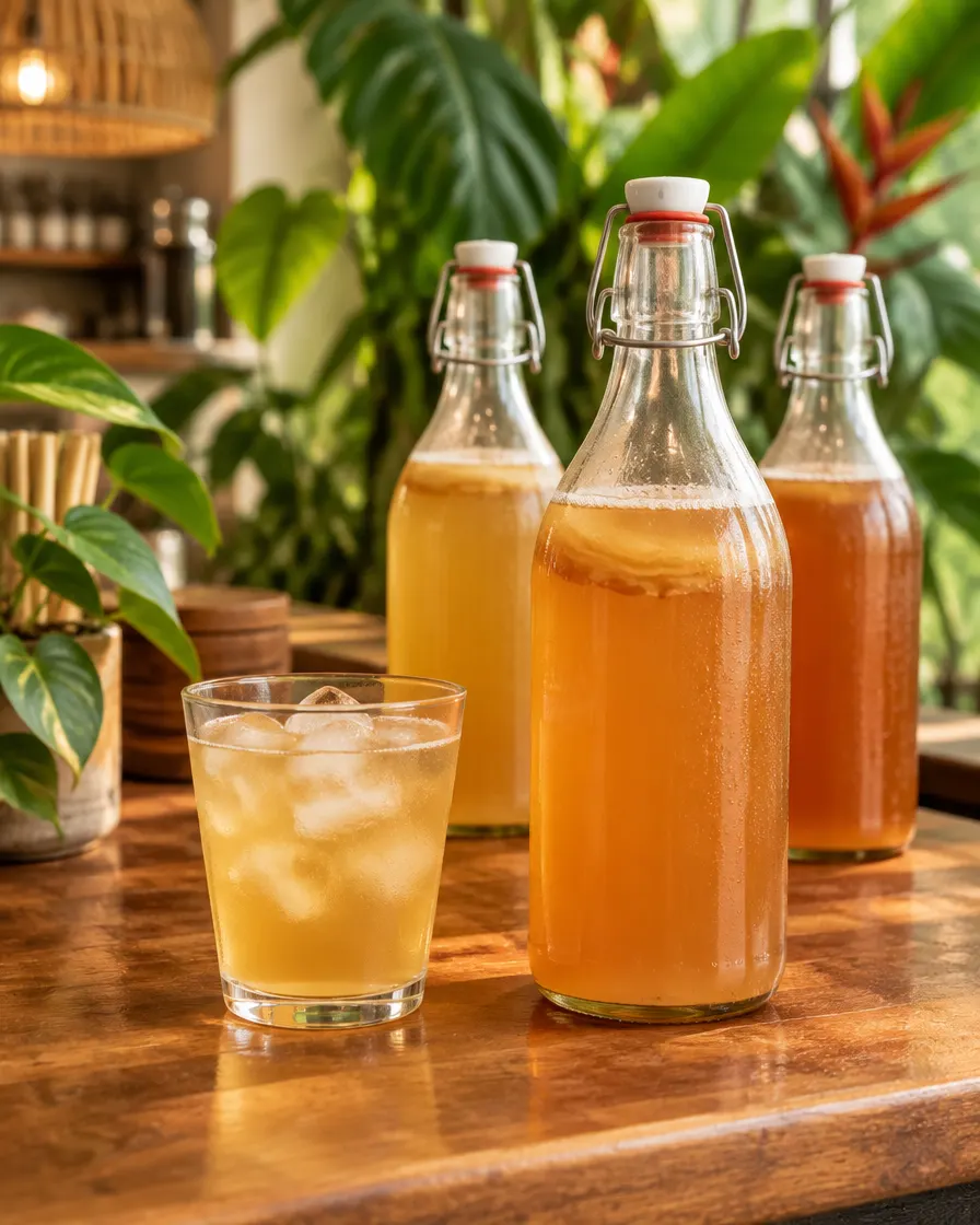 House kombucha in glass bottles